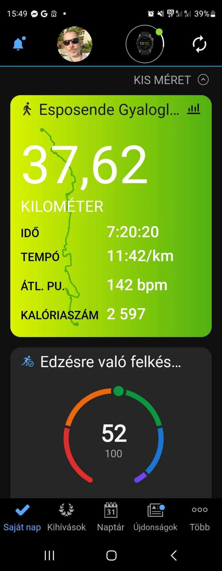 Garmin összesítés a negyedik napról: 37,62 kilométer